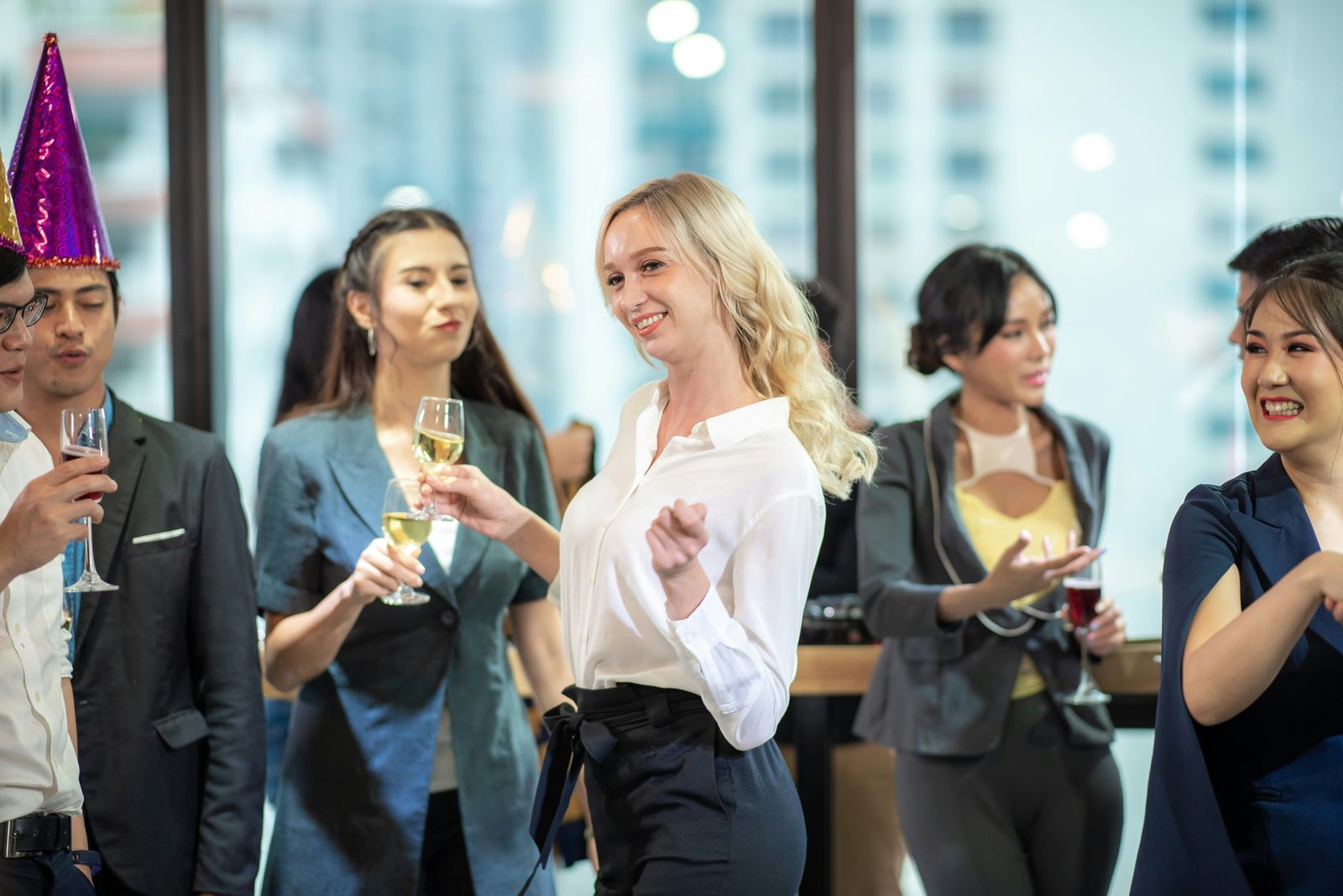 Colleagues celebrating at an office party